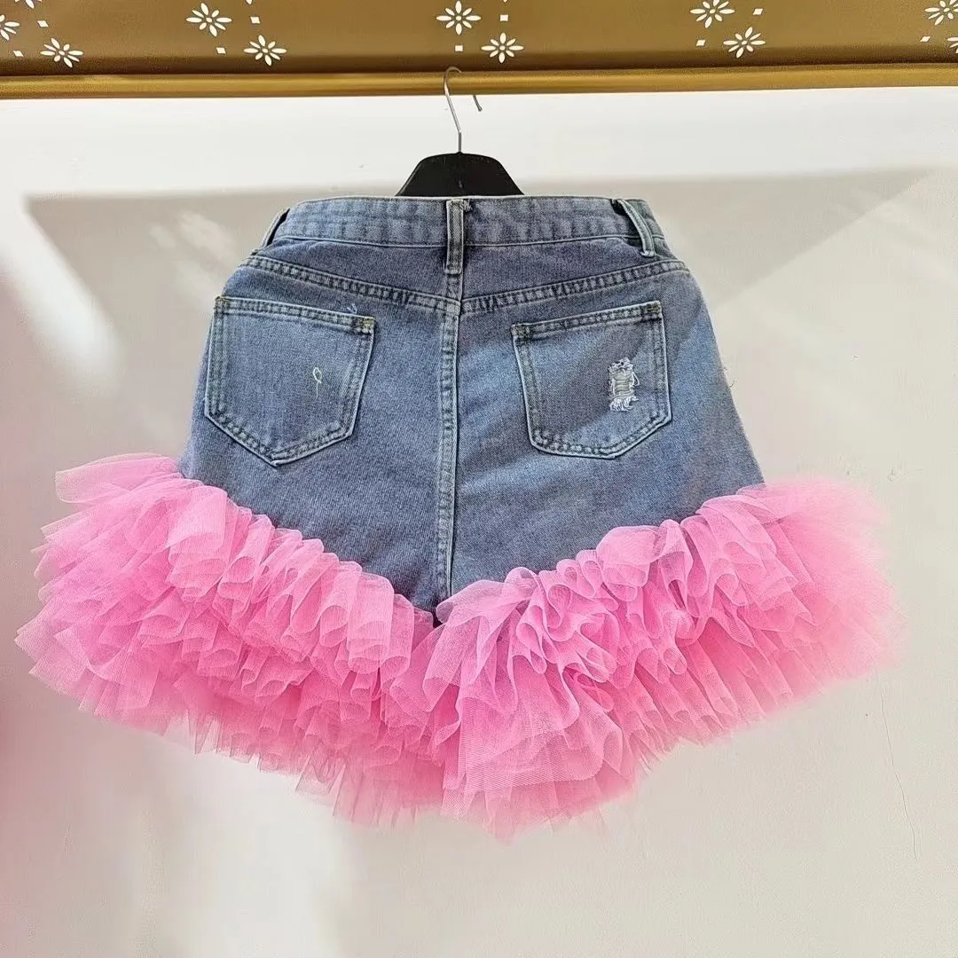 Splicing Ruffles Diamonds Beaded Denim Hot Shorts Summer Gauze Pleated Jeans Pants Slim Fit Short Cowboy Trouser Jeans