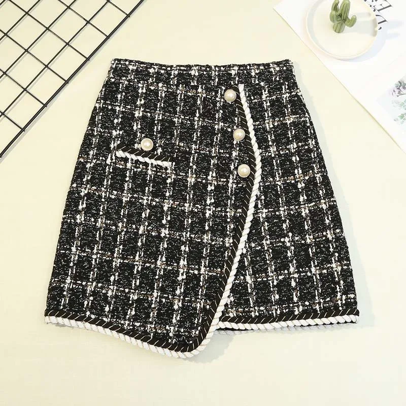 2023 Spring New Irregular Plaid Skirt Women's Korean High Waist Slim A-line Skirt Double Breasted Tweed Wool Mini Skirt