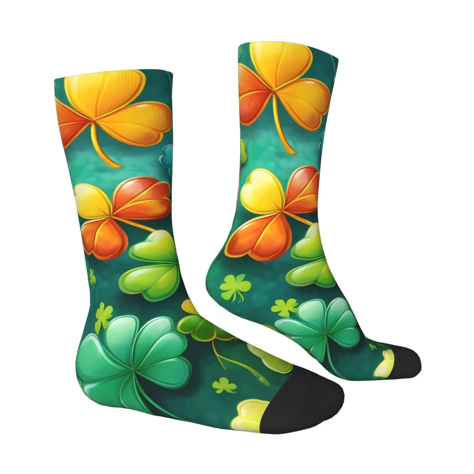 

1 pair of men's fashionable socks, with a colorful clover holiday element print on a green background, suitable for daily,