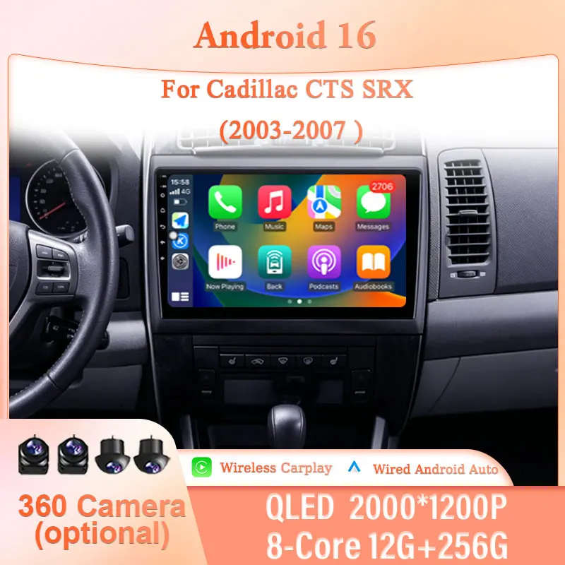 Estéreo para coche Android 16 de 10 pulgadas para Cadillac CTS SRX 2003-2007, pantalla táctil IPS HD, CarPlay inalámbrico, GPS, Navi, BT, WiFi, reproductor DSP, audio