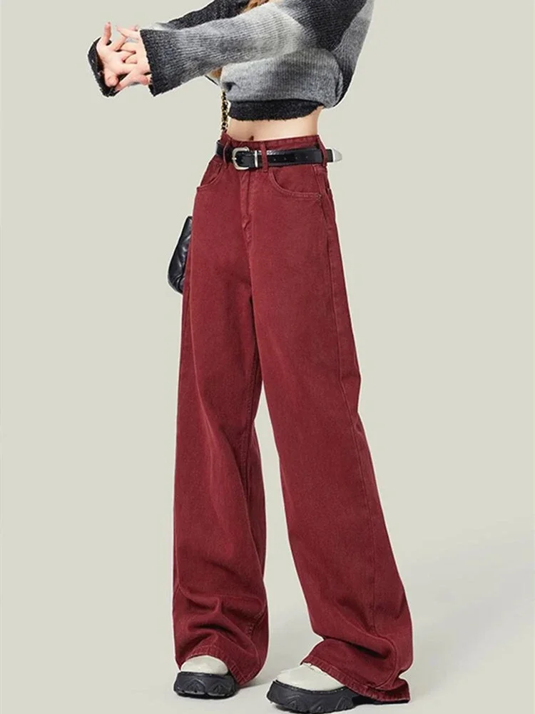 Women's Street Style Wide Leg Red Jeans American Vintage Casual Denim Trousers Female High Waist Loose Straight Pants