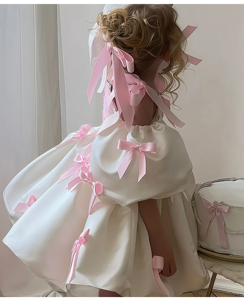 Off Shoulder White Princess Dress for Girl 2-3Y Pink Bow Fancy Birthday Party Gowns Puff Sleeve Formal Wedding Flower Girl