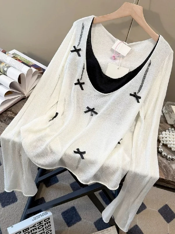 

plus Size Women's Knot Hollow out Long Sleeve Top Summer Design Sunshade Cover up Casual Korean Style Polyester Fiber