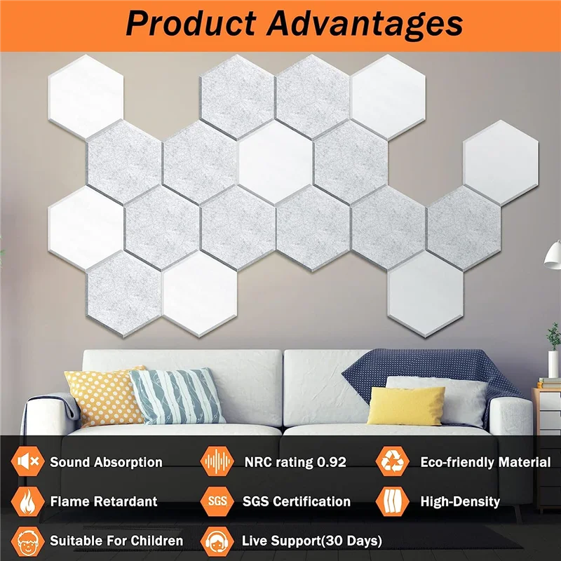 18 Pack Self Adhesive Soundproof Panels,12x10x0.4In Hexagon Acoustic Panels,for Recording Studio,Office,Home,Silver-Gray