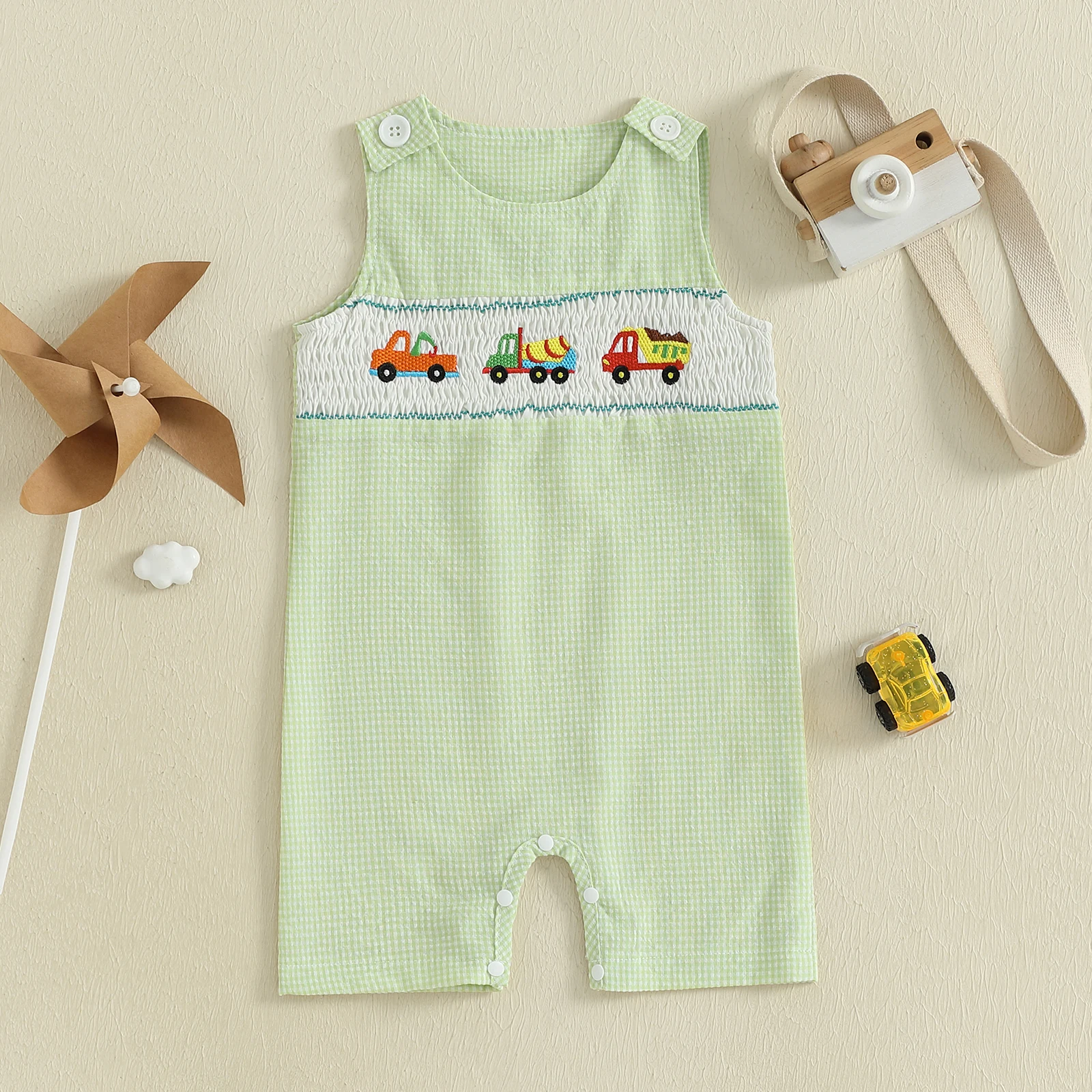 

VISgogo 0-18 Months Baby Jumpsuit Sleeveless Crew Neck Plaid Embroidery Car Summer Romper Clothes for Girls Boys