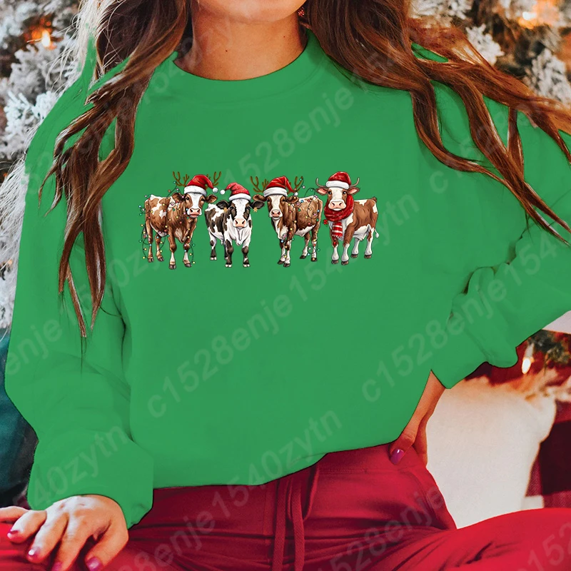 

Christmas Light Cow Print Sweatshirts Autumn And Winter Long Sleeves Tops Round Neck Casual Pullovers Women Hoodless Sweatshirts