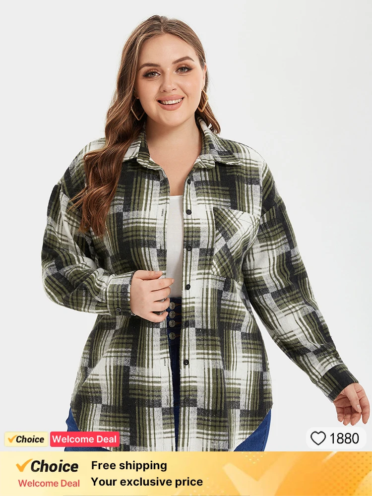 

Plus Sized Clothing Women's Lapel Collar Long Sleeve Shirt Ladies Plaid Print Casual Loose Shirt Button Patch Pocket Blouse