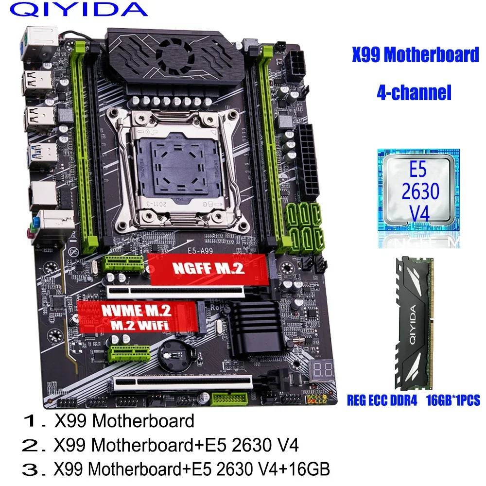 QIYIDA X99 Motherboard Set Kit With LGA2011-3 Xeon E5 2630 V4 CPU DDR4 16GB REG ECC memory 4-channel NVME M.2 SATA M.2 WiFi