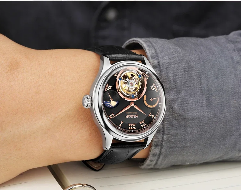 Aesop Luxury Tourbillon Movement Multifunctional Mechanical Watch for Men Sapphire Moon Phase Automatic Men Watches Waterproof