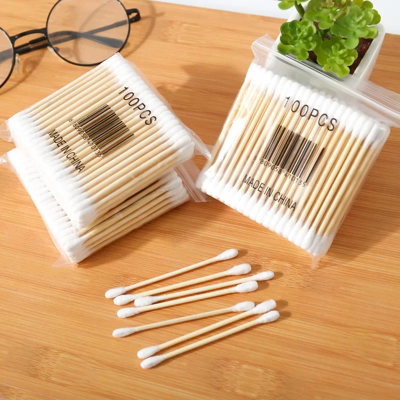 Double Head Wood Cotton Cotonete para Mulheres, Maquiagem Batom, Cotton Buds, Tip Sticks, Limpeza de Orelha do Nariz, Ferramenta