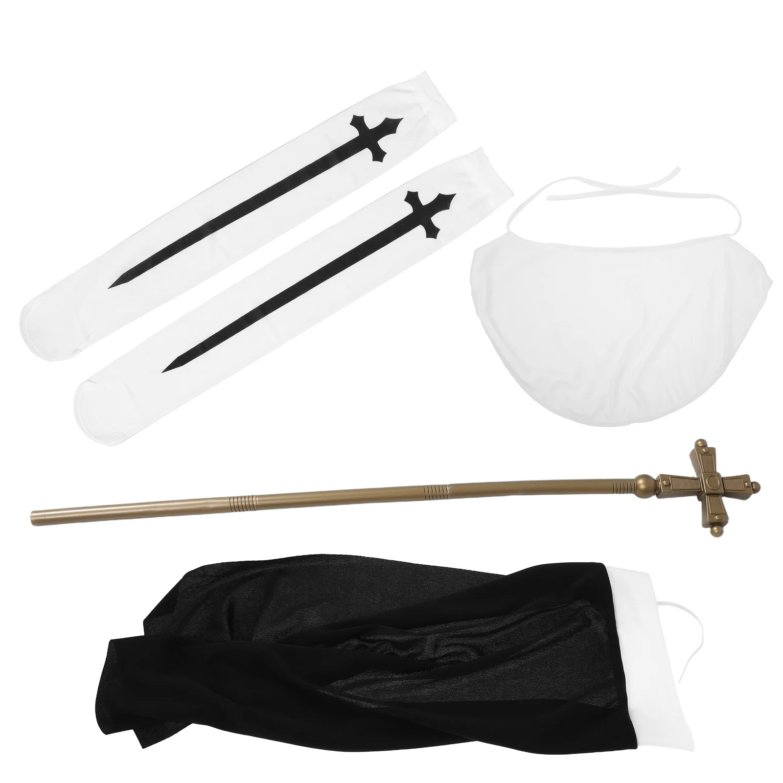 

1Set Halloween Nun Costume Set Women Cosplay Outfit Collar Hat Stockings Cross Wand Party Decoration Halloween Spooky Costumes