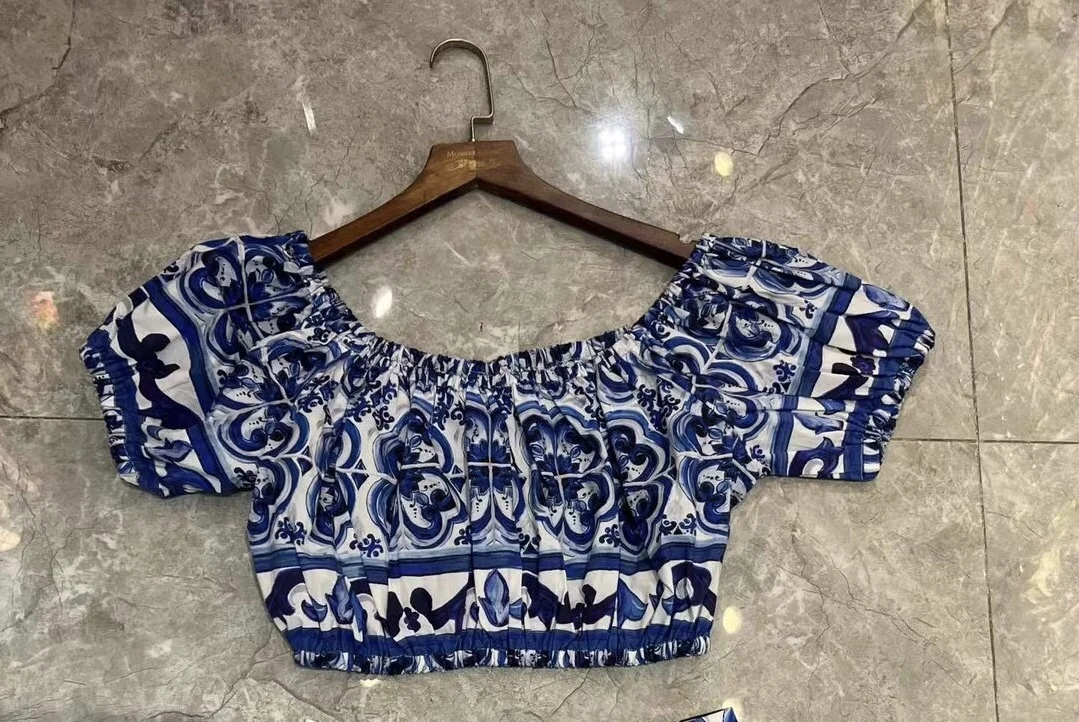 

Женская футболка высокого качества ort Cute Sle на одно плечо, синий и красный фарфоровый топ, ультра-длина, летняя мода