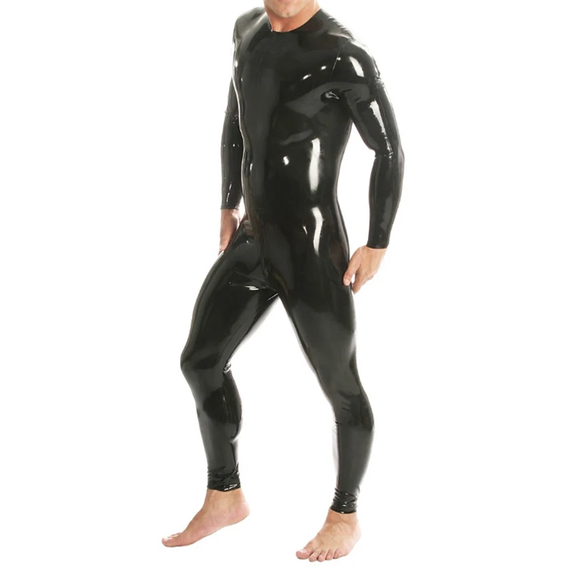 Black Sexy Latex Jumpsuits With Long Sleeves Crotch Zipper 3 PCS Sliders Round Collar Rubber Catsuits Overall Zentai 4XL 018