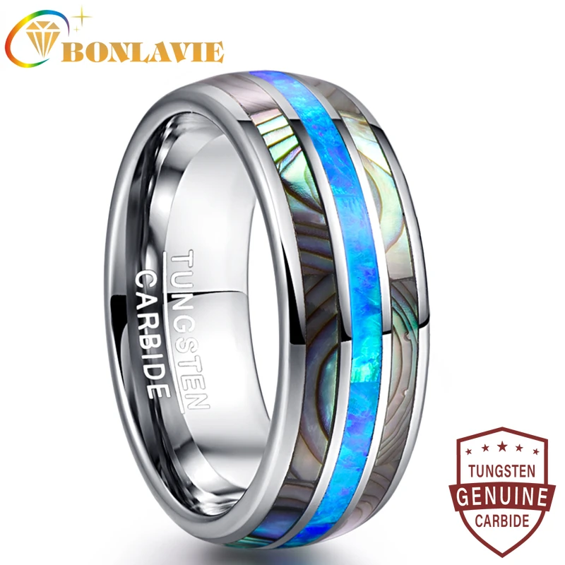 

BONLAVIE 8mm Blue Opal Tungsten Carbide Rings Inlaid Natural Shells Anniversary Party Jewelry Gift Silver Color Rings