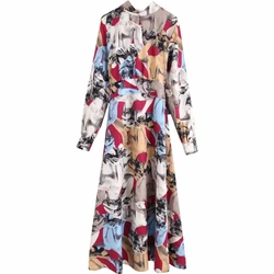 New Women vintage contrast color ink painting print casual sashes long Dress ladies stand collar bow tied vestido Dresses DS3047