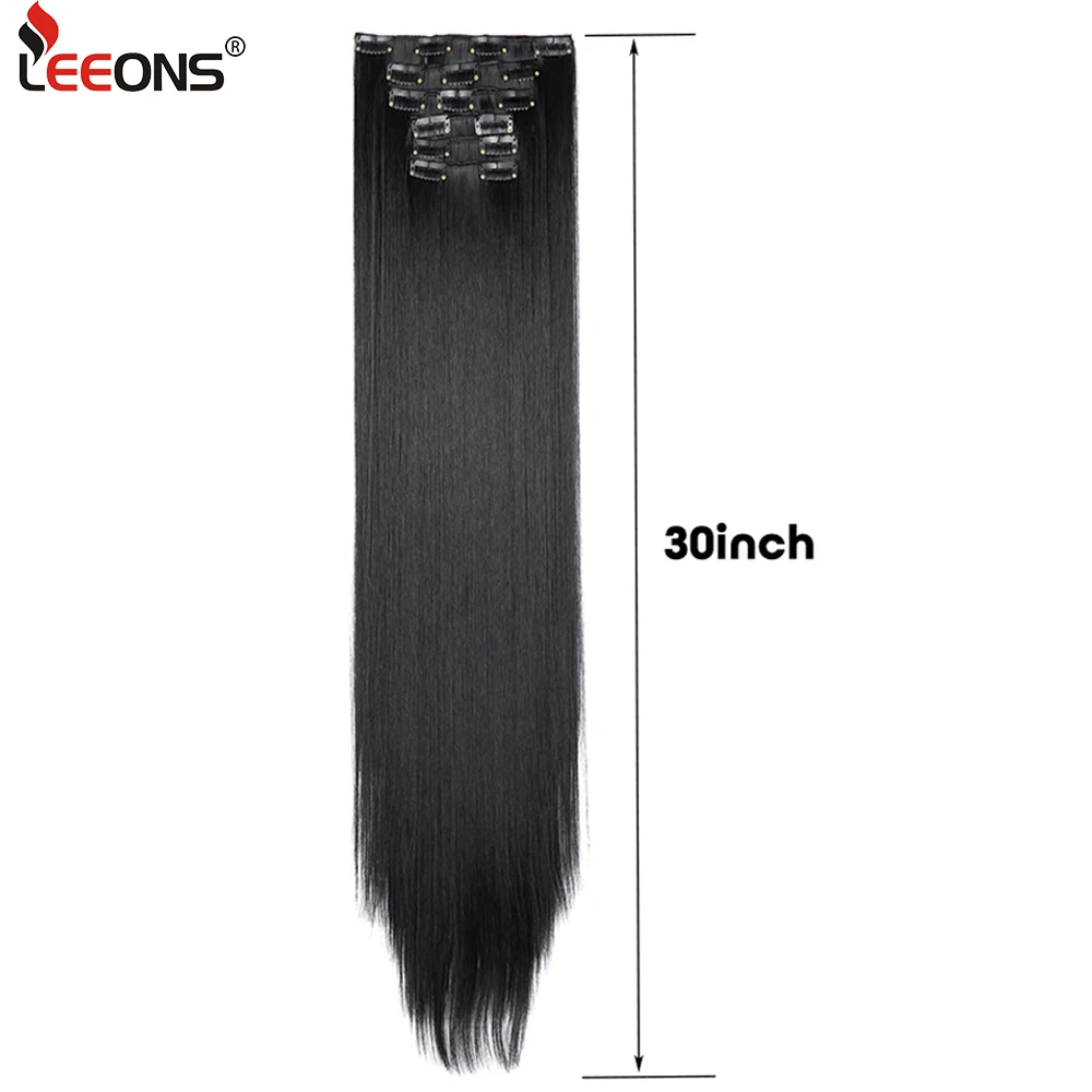 Extensiones de Cabello sintético para mujer, 16 clips, largo, 75Cm, 30 pulgadas, liso, negro, marrón, 6 unids/set, postizo grueso