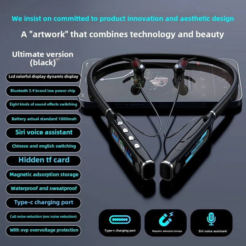 LCD screen sports neck Bluetooth headset hidden TF card power digital display long battery life large capacity battery headset