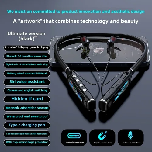 Imagen 1 del producto Auriculares Bluetooth para deportes al aire libre, colgados al cuello, tarjeta TF oculta, pantalla digital LCD, batería de larga duración, batería de gran capacidad