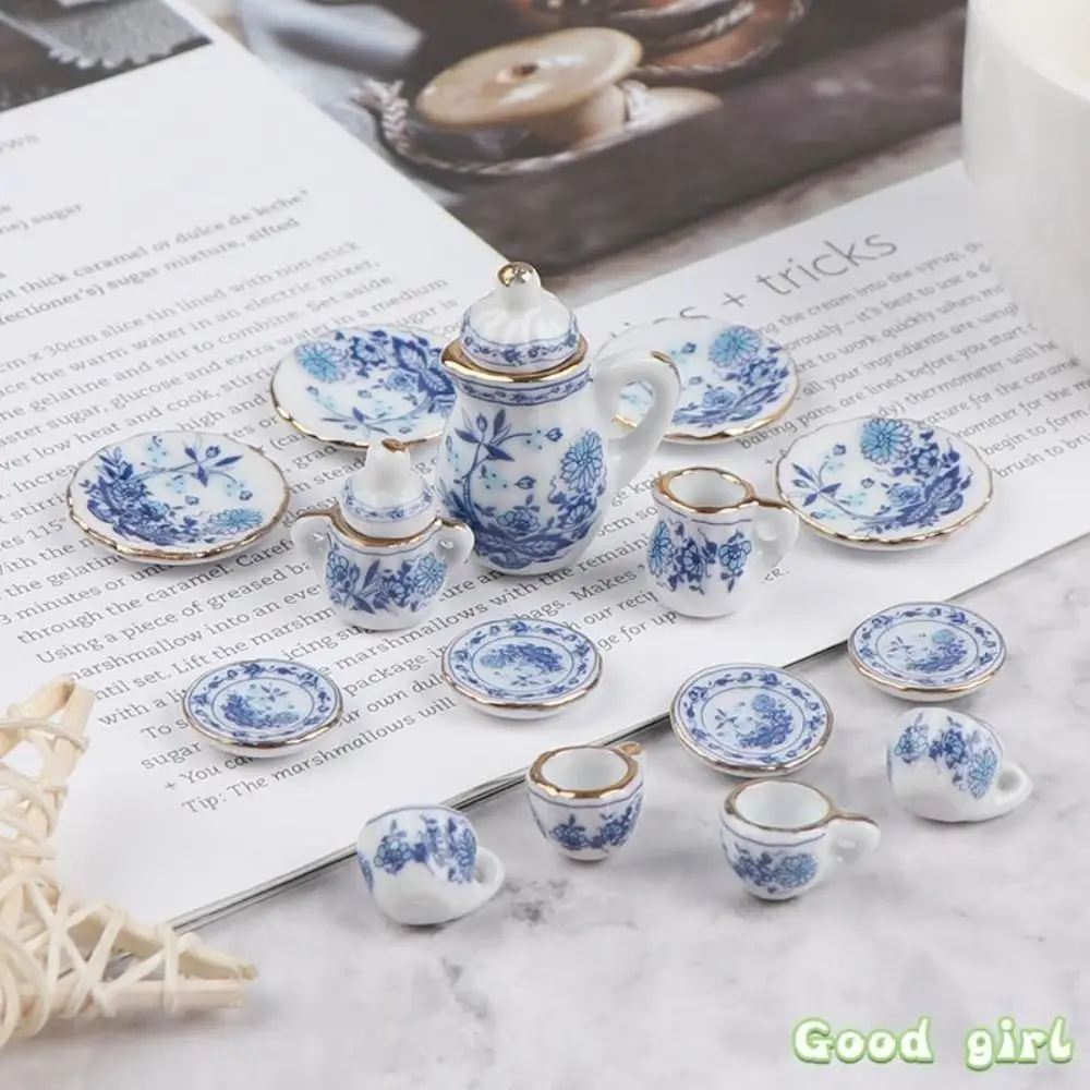 15Pcs Ceramic 1:12 Miniature Porcelain Tea Cup Set Miniature Porcelain Blue Printing Tea Cup Tableware Kitchen Dollhouse Teapot
