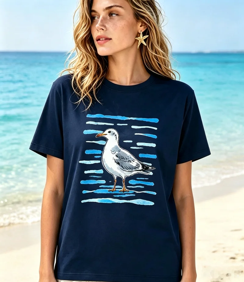 Coastal Seagull Ocean Stripes Art T Shirt Watercolor Painting Design Premium Cotton Short Sleeve Sea Bird Beach Holiday Tee