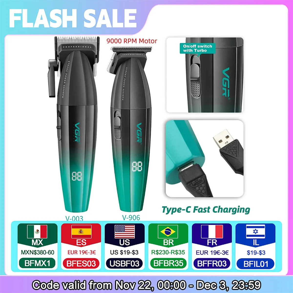 VGR Hair Clipper Cordless Hair Trimmer Professional Hair Cutting Machine Electric 9000 Rpm Haircut Clipper for Men V-003 V-906