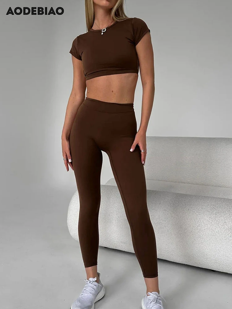 AODEBIAO الرياضة اللياقة البدنية 2 قطعة مجموعة المرأة الصيف مثير عارية الذراعين تي شيرت سليم بنطلون قصيرة الأكمام تيز المحاصيل السراويل اليوغا مجموعة #4