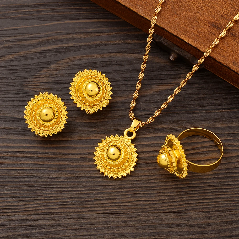 Wholesale Pop Ethiopia Golden Color Ethiopian Jewelry Sets Round 3-Piece Sets African Eritrean Wedding Engagement Ethnic Gifts