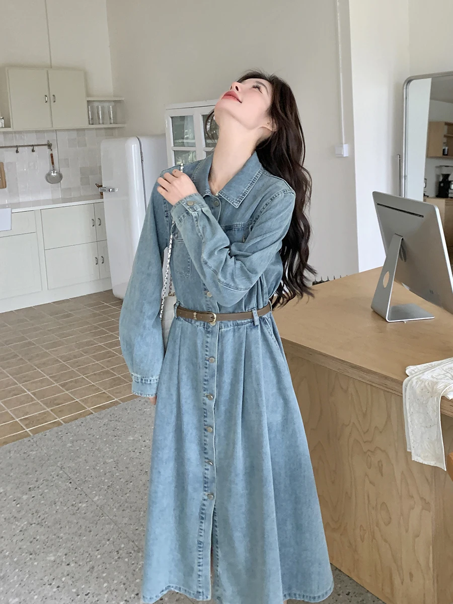 Korean Style Lace Shoulder Long Sleeve Slim A-Line Denim Dress Women Spring Autumn Natural Waist Cinched Shirt Dress Skirt