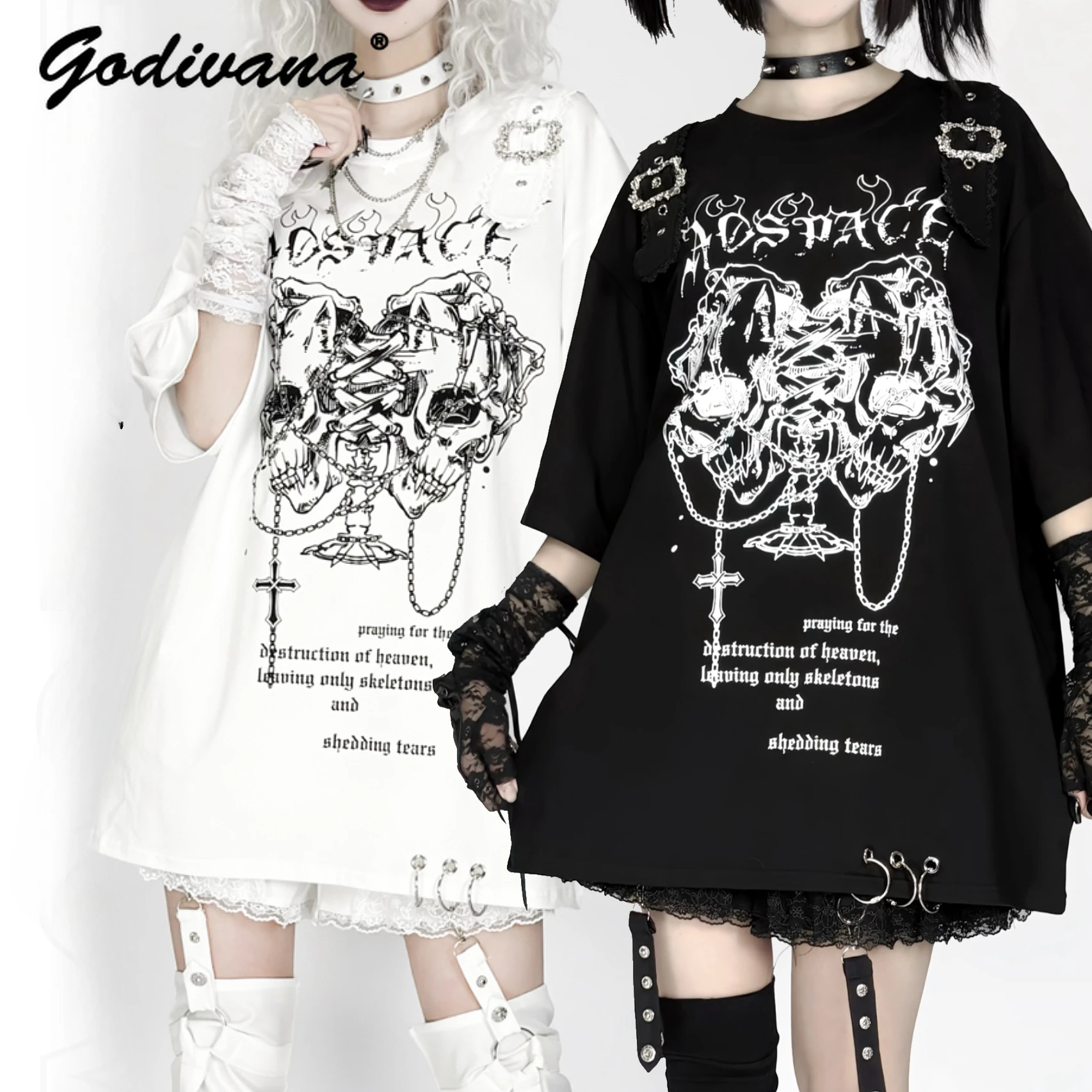 Original Y2K Subculture Japanese Mining Punk Skull Print Dark Short Sleeve T-shirt Female Goth Casual Tee Shirt Harajuku Tops