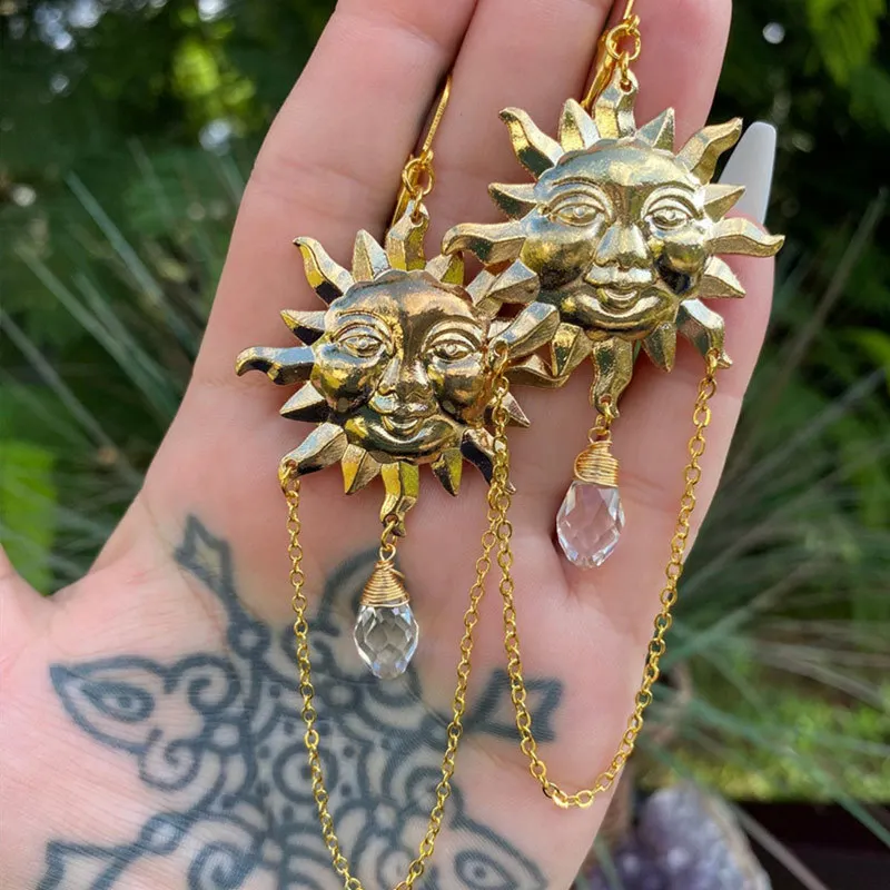 Sun Celestial Charm Earrings Gypsy Goddess Earrings for Women Girls Fashion Boho Jewelry Gifts Crystal Tassel Sun Earrings Women