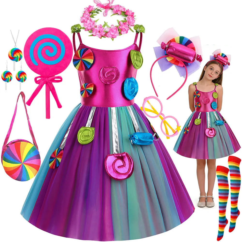 

2025 Purim Girls Cosplay Candy Fairy Lollipop Suspenders Costume Toddler Carnival Rainbow Vestidos Girls Birthday Party Dress