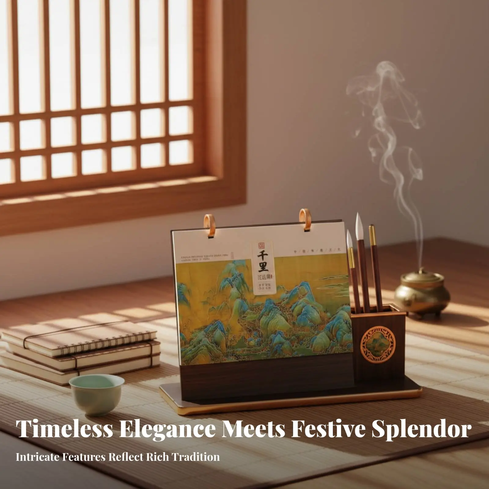

Wooden Desk Calendar, Chinese Landscape, Multifunctional, Customizable, Pen Holder, Business Gift, Elegant Decor