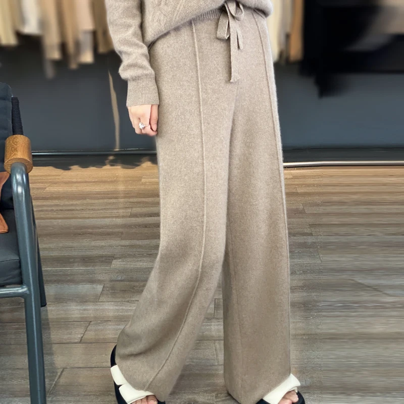 Women's Wool Wide-Leg Pants Fall/Winter High Waist Drooping Slimming Casual Loose Straight Knit Mop Trousers Wear D3103001