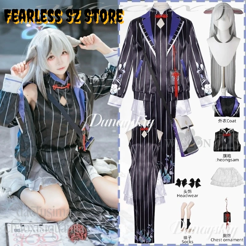 

Аниме игра Синий Архив Косплей Sunohara Kokona תח Îות Kawaii Китайское платье Ципао Пальто Пушистые ушные парики Рождество Хэллоуин