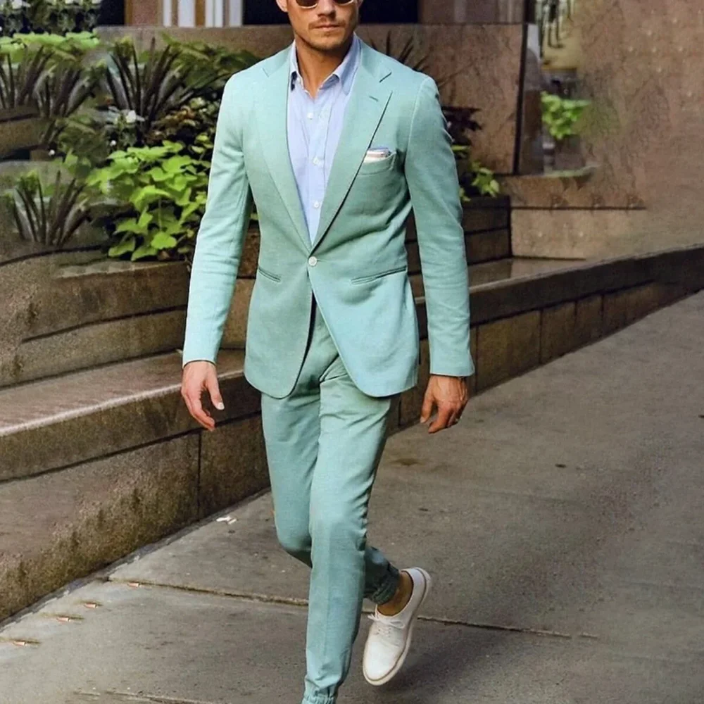 Chic สีเขียวชุดสูทผู้ชายแฟชั่นปุ่ม Peak COLLAR SLIM FIT สบายๆ 2 ชิ้น Daily PARTY Office ทํางานเสื้อกางเกง