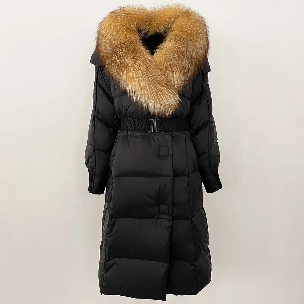 White Goose Down Coat Belt 2024 Winter Thick Warm Casual Outerwear Real Raccoon Fox Fur Collar Long Natural Jacket Women