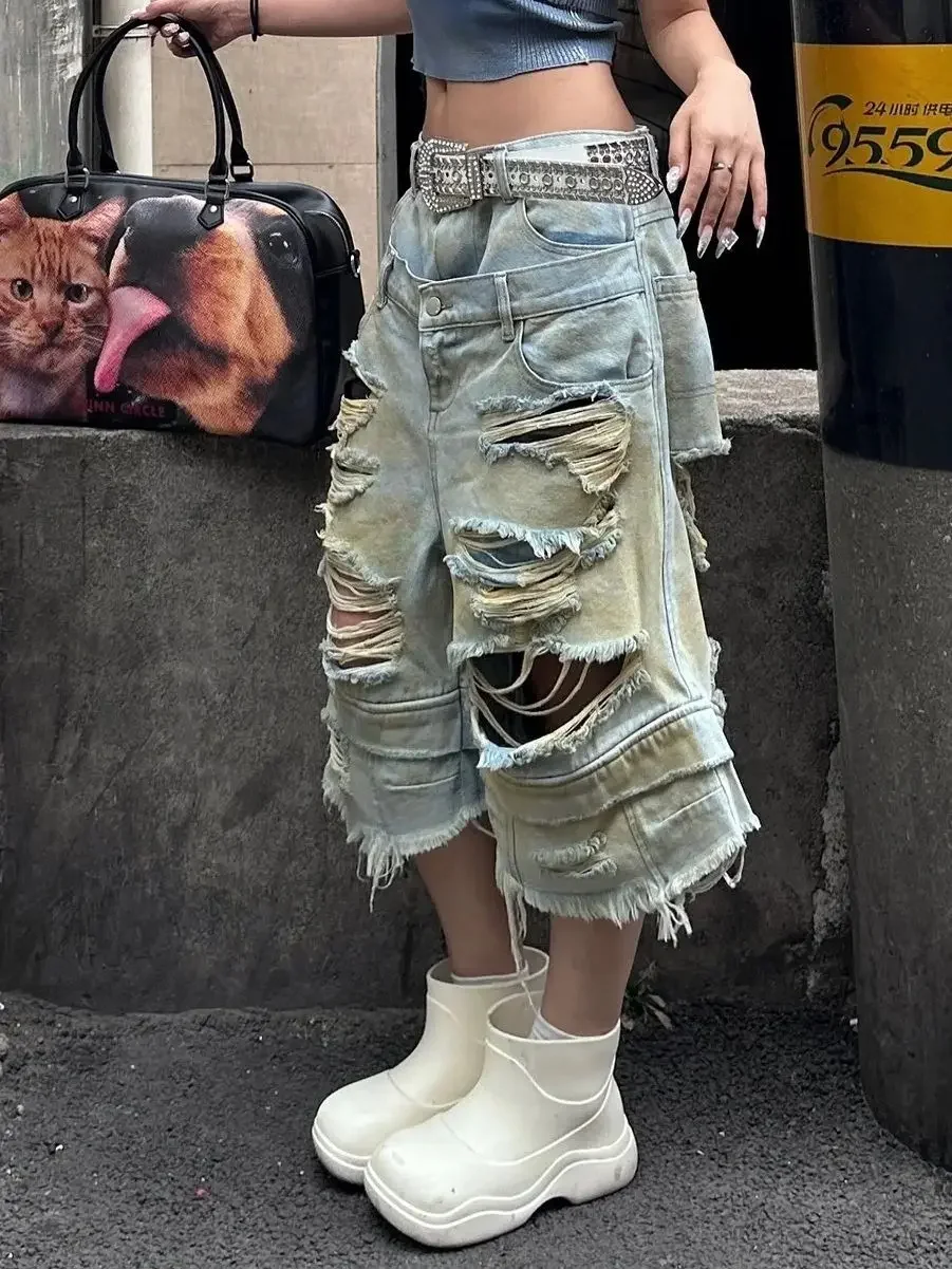 Celana Pendek Denim Tua Robek Amerika Dicuci Jeans Longgar Celana Jeans Longgar Lurus Jalanan Wanita Celana Kaki Lebar