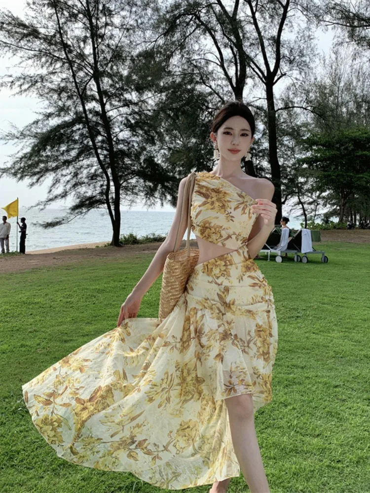 

Пляжное платье с цветочным принтом, ажурное, миди, женское, из полупрозрачной ткани, с завышенной талией, асимметричное, длинное