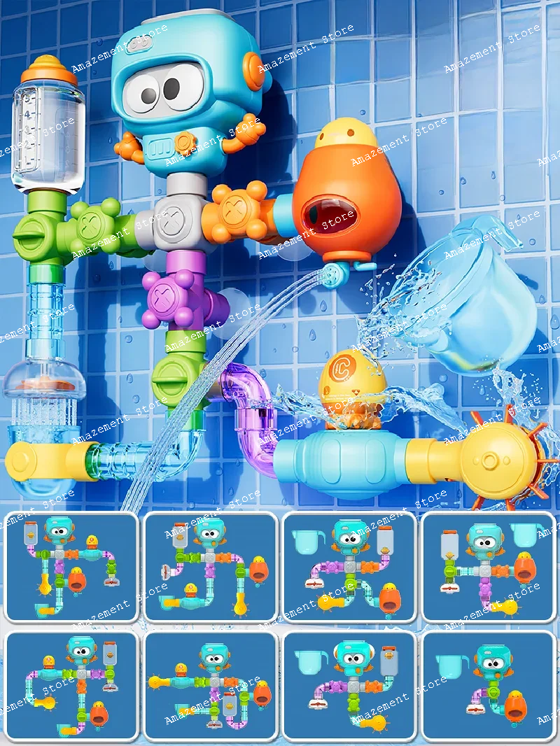 

diy assembly of pipes, bathing, swimming, children playing in water, bathroom showerhead, male and female indoor