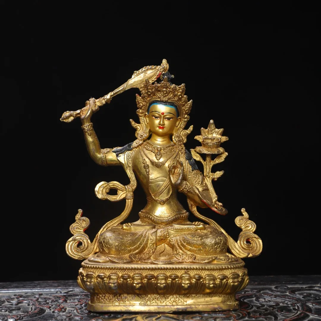 

9-дюймовая старинная бронзовая статуя с позолотой и росписью: Манджушри Бодхисаттва, сидящий Будда на лотосовом троне, Будда Амитабха, для зала поклонения, для городского дома