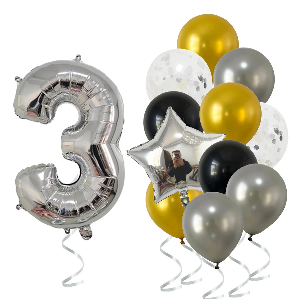 14 Pcs Gold Silver Black Mixed Balloons 1 2 3 4 5 6 7 8 9 Years Old Birthday Party Decoration Kids First Birthday Decor supplies