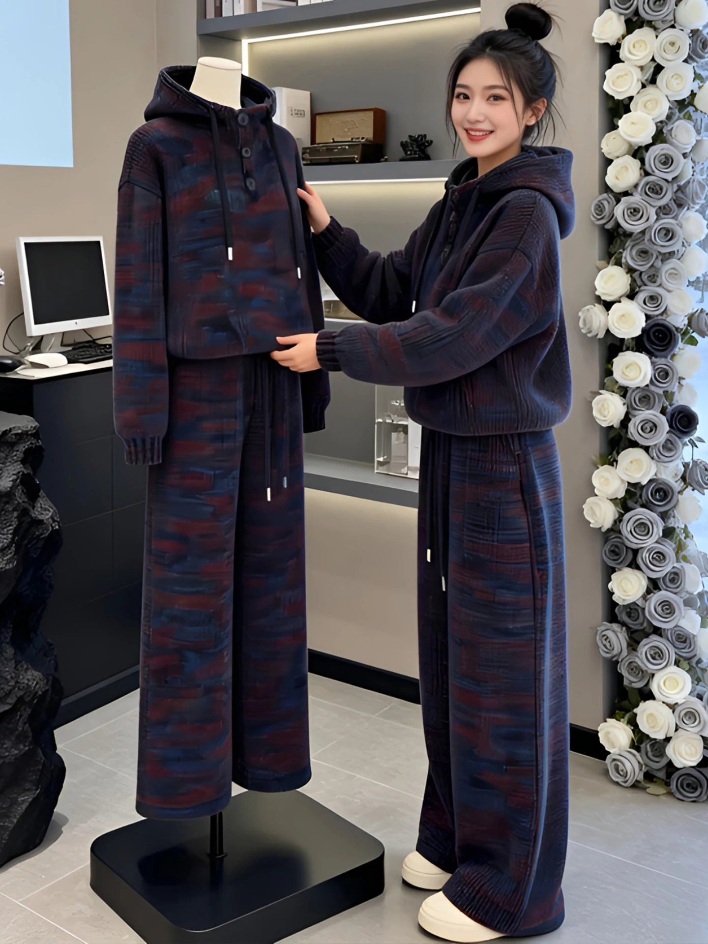 

Winter New Color Block Hoodie Jacket Women's Drawstring Design Waist Cinching Wide Leg Pants Two Piece Set Fashionable Casual...