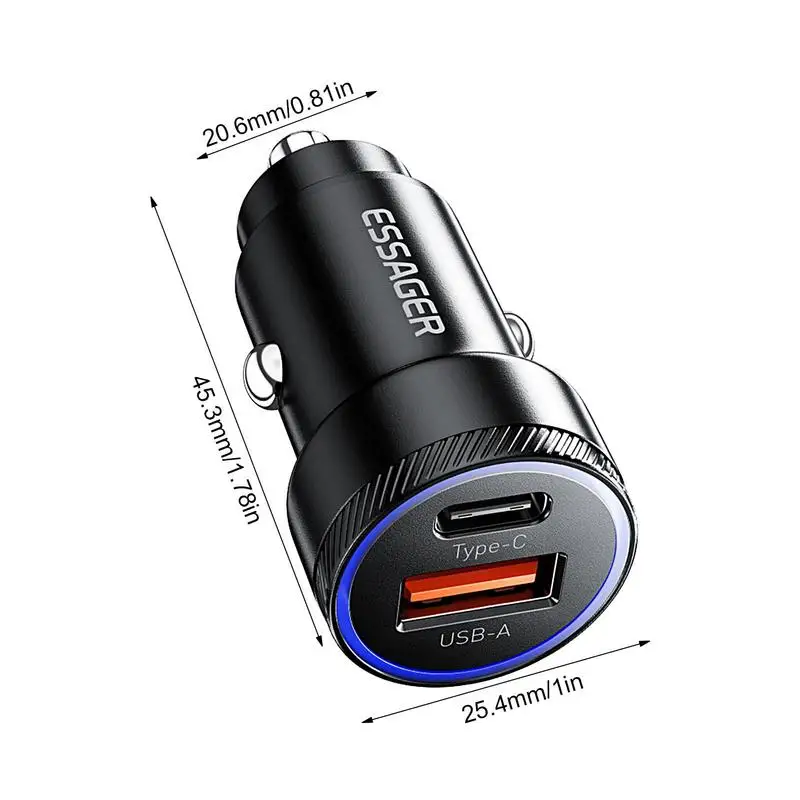 USB-A C타입 차량용 휴대폰 충전기, 2 포트 USB C, 미니 54W 고속 충전, 휴대폰 태블릿 노트북 차량용 충전기