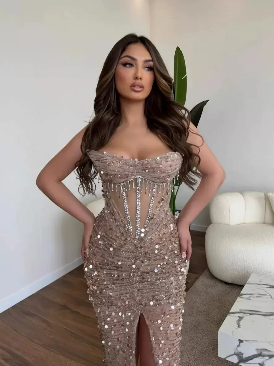 Luxurious Sparkling Mermaid Sparkling Beaded Ball Dress Sexy strapless Split Formal Occasion Party Evening Dress 2026 Customized