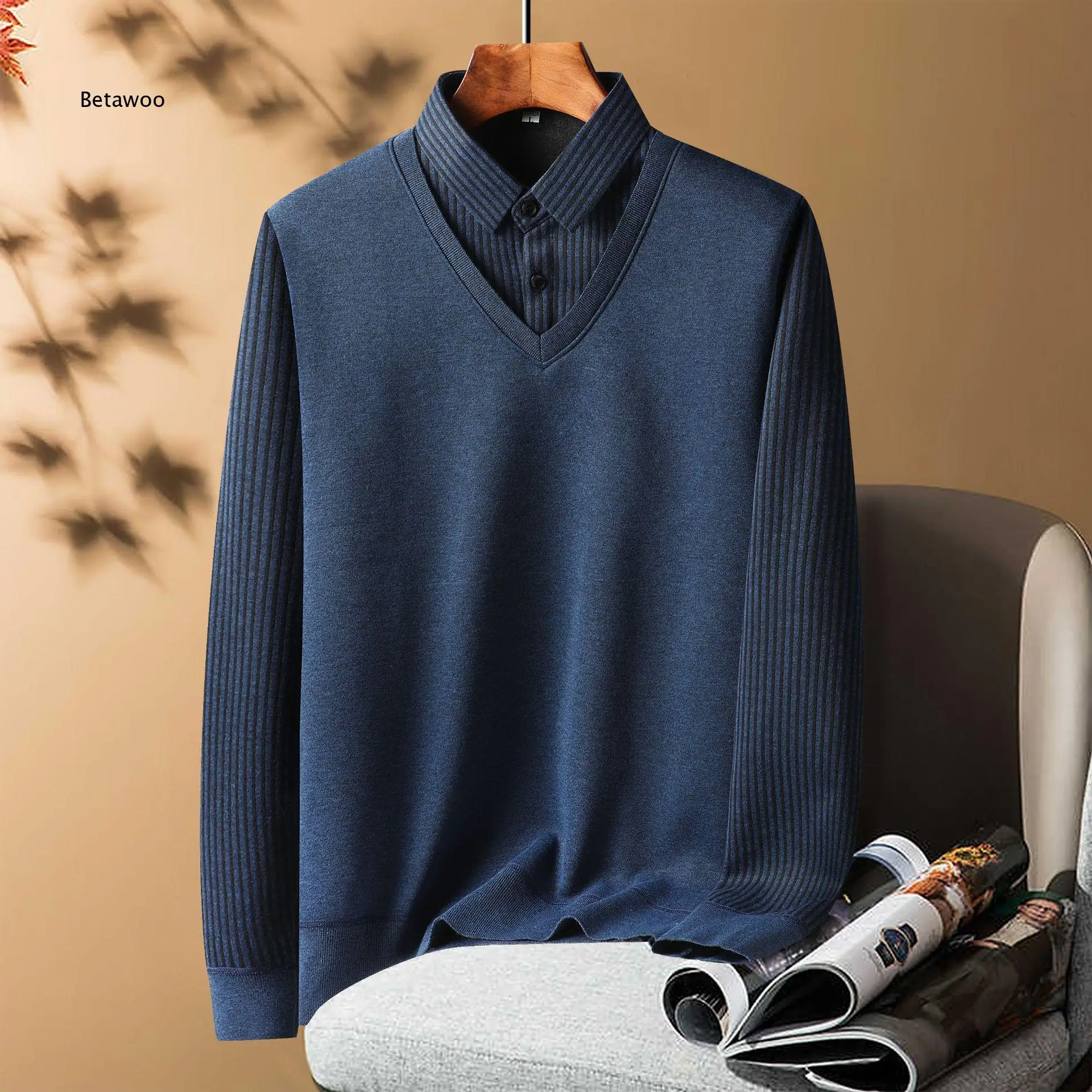 Men Long Sleeve Fake Two Piece Knit Top V Neck Pullover With Striped Sleeves And Shirt Collar For Office And Daily Outfits