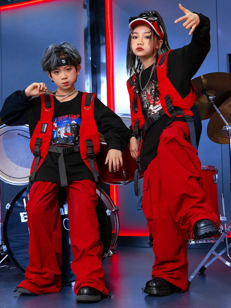 Ropa de Hip Hop para chico, sudadera con estampado negro, chaleco rojo, pantalones Cargo de paracaídas informales para niña y niño, Ropa de baile de Jazz, ropa de disfraz