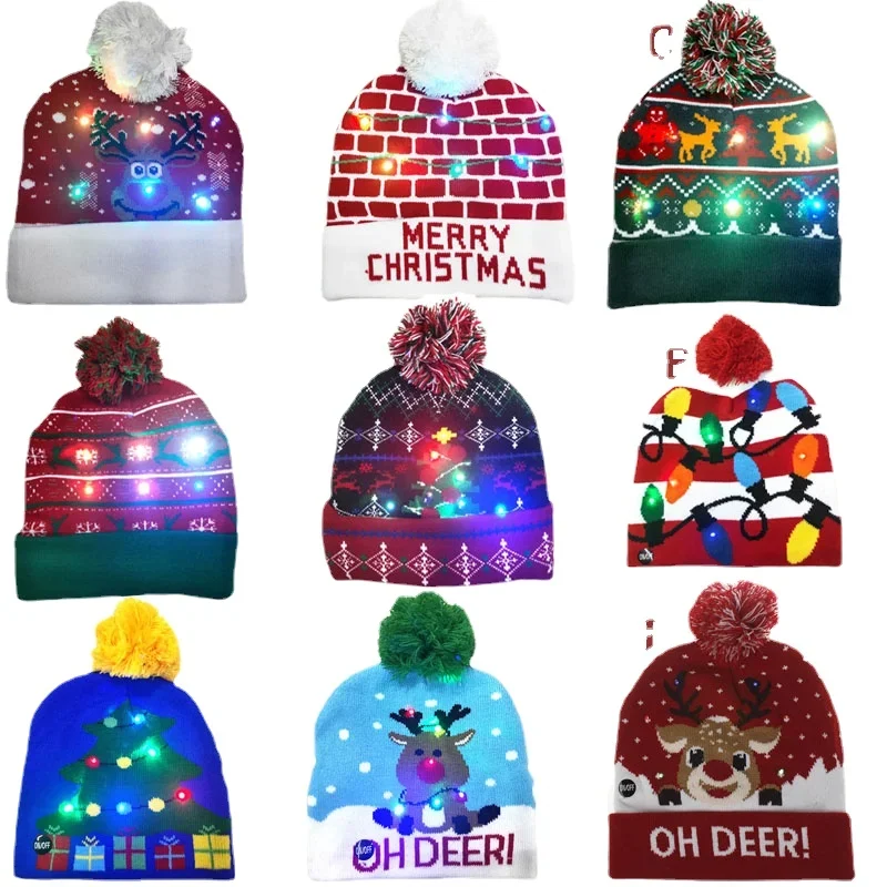 LED Christmas Hat Sweater Knitted Beanie Christmas Light Up Knitted Hat Christmas Gift for Kids Xmas 2024 New Year Decorations