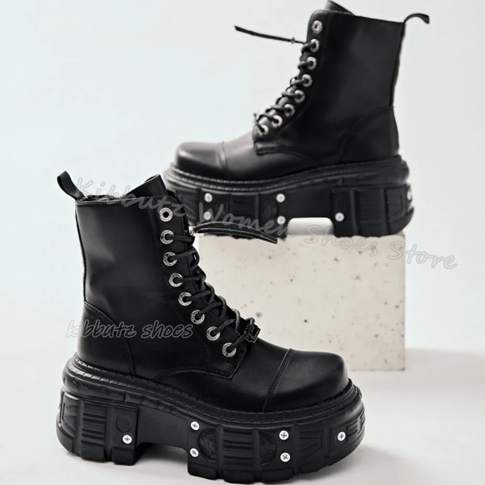 Punk Ankle Boots Rock Gothic Genuine Leather Fashion Elegant Concise Luxury Lace-Up Solid Color Shoes Round Toe Thick Bottom New