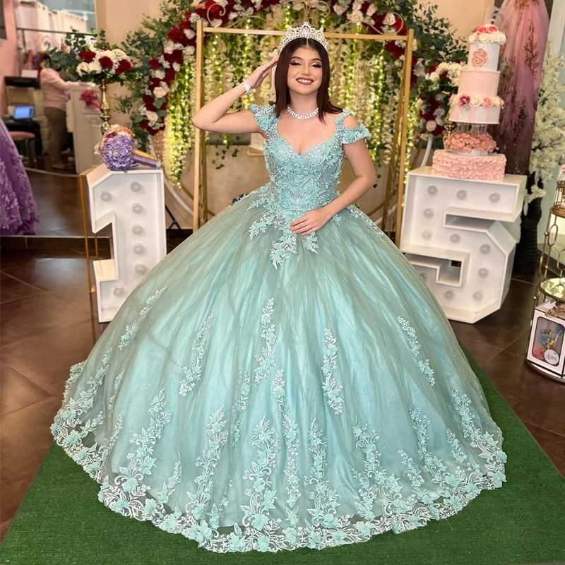 

Mint Green Ball Gown Quinceanera Dress Off The Shoulder Appliques Lace 3D Flowers Beads Tull Corset Vestidos De 15 XV Años