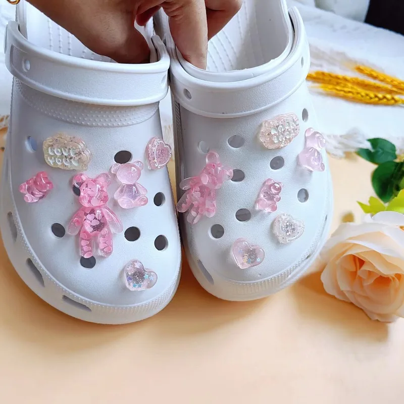 

12pcs/set Glitter Love Bear Shoe Charms for Crocs Clogs Slides Sandals Garden Shoes Decorations Charm Set Accessories Kids Gifts